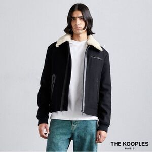 The Kooples **NWT** Black Wool-Blend Bomber Jacket w Removable Shearling Collar